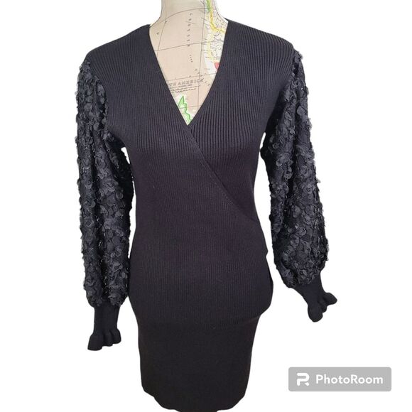 LUSH Size Small Black Knit Sweater Mini Dress 3D Floral Sheer Balloon Sleeve NWT - Picture 1 of 14